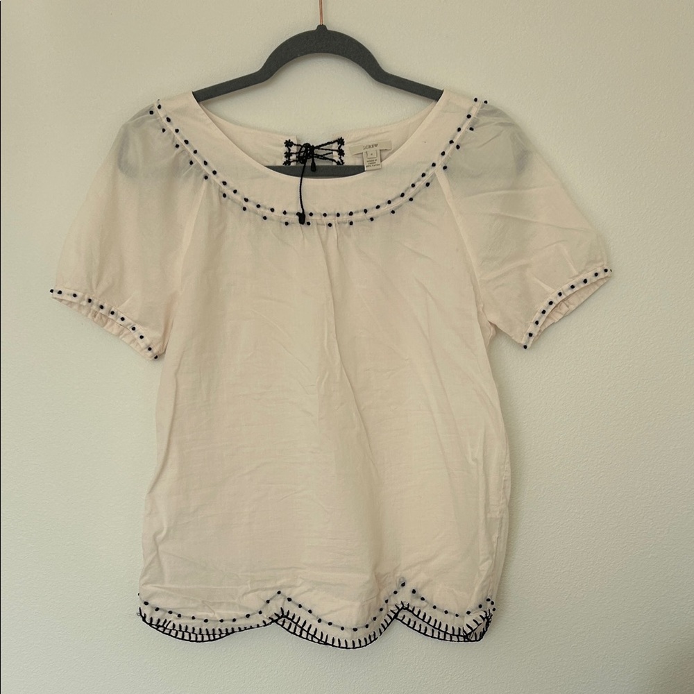 J. Crew White Blouse with Black Embroidery